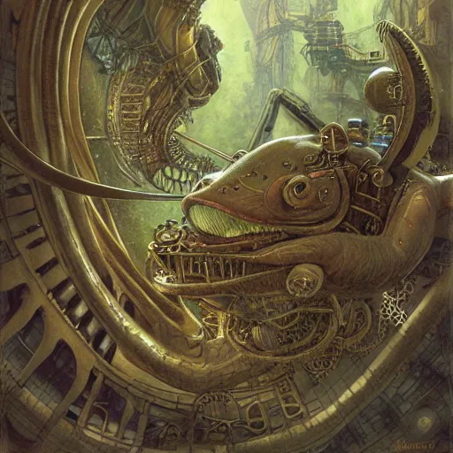 Image similar to steampunk axolotl, masterpiece, intricate, elegant, highly detailed, digital painting, smooth, sharp focus, illustration, art by james gurney, graeme base, brian froud, alan lee