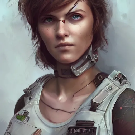 Image similar to tattooed dirty stoic butch heroic emotionless blonde woman computer engineer in tattered dirty flight suit, very short messy hair, highly detailed, digital painting, artstation, concept art, matte, sharp focus, illustration, art by artgerm