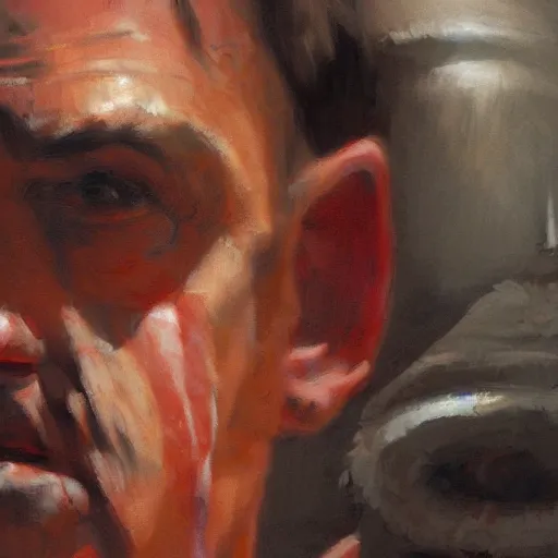 Prompt: low angle of the butcher's face, closeup of a butcher working, artwork by craig mullins