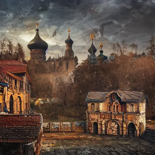 Image similar to photo ancient Slavic Russian city of Kitezh, concept art, painting by Viktor Vasnetsov, magical city, fantasy cityscape, ancient Slavs, wooden buildings, ancient Russian architecture, terem, hyperborea, top cinematic lighting , cinematic mood, very detailed, shot in canon, 8k, high resolution