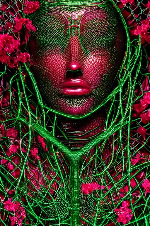 Image similar to a melancholic realistic 8k sculpture of a complex robotic human face, liquid metal simulation, bright psychedelic neon colors, dark dramatic lighting, hexagonal mesh wire, filigree intricate details, cinematic, fleshy, red blossoms, green ivy, elegant, 50mm lens, DOF, octane render, art nouveau, 8k post-processing, intricate art by greg rutkowski