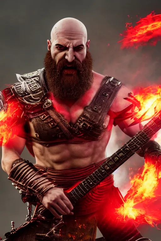 Image similar to screaming armored kratos rocking out on a flaming stratocaster guitar, cinematic render, god of war 2 0 1 8, playstation studios official media, lightning, flames, red facial stripe, red facial stripe, clear, coherent