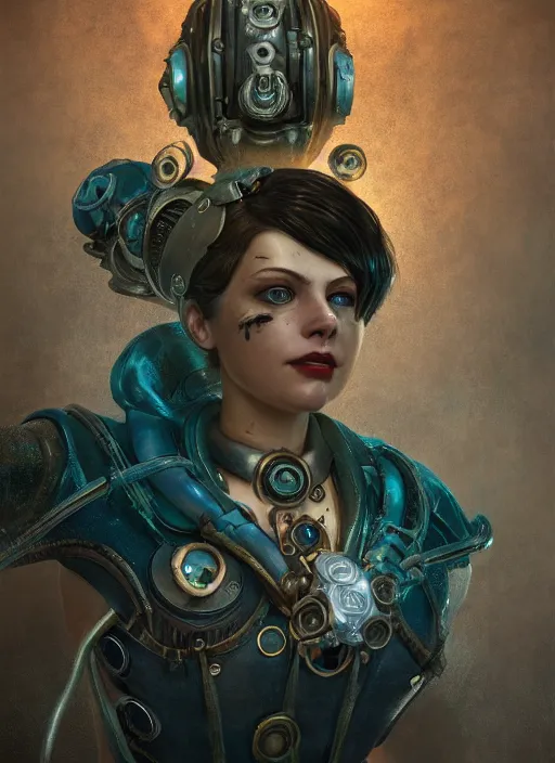 Image similar to Bioshock steampunk biopunk portrait, au naturel, hyper detailed, digital art, trending in artstation, cinematic lighting, studio quality, smooth render, unreal engine 5 rendered, octane rendered, art style by klimt and nixeu and ian sprigger and wlop and krenz cushart