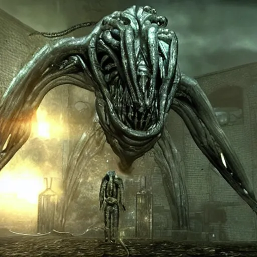 Prompt: a resident evil 5 game that has lovecraftian Giger creatures