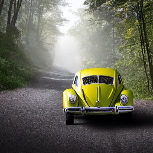 Image similar to promotional scifi - mystery movie scene of a ( volkswagen beatle ) and ladybug hybrid. racing down a dusty back - road in smokey mountains tennessee. cinematic, 4 k, imax, 7 0 mm