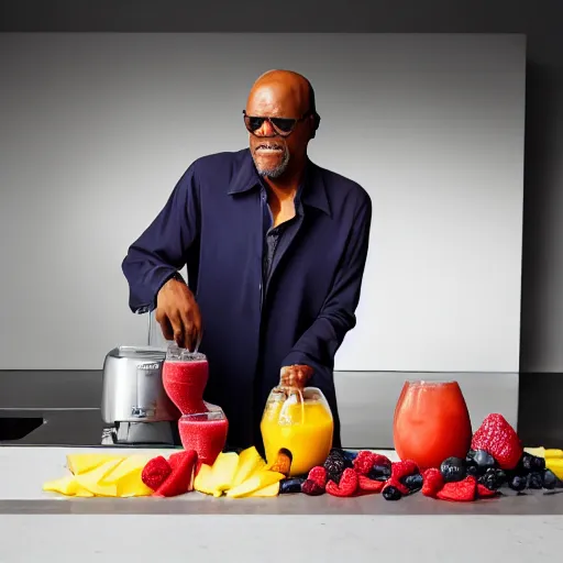 Image similar to samuel l jackson making a smoothie, professional studio photography, 4 k