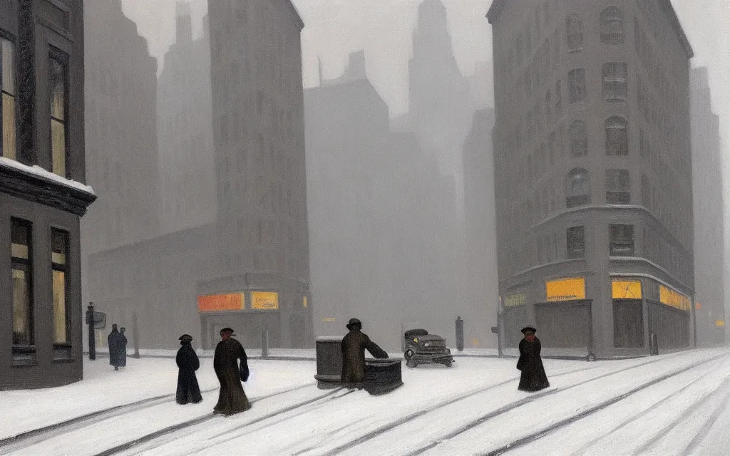 Prompt: the streets of new york in 1 9 4 0 during a snowfall. edward hopper