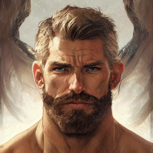 Image similar to portrait of a rugged ranger, muscular, upper body, D&D, fantasy, intricate, elegant, highly detailed, digital painting, artstation, concept art, smooth, sharp focus, illustration, art by artgerm and greg rutkowski and alphonse mucha