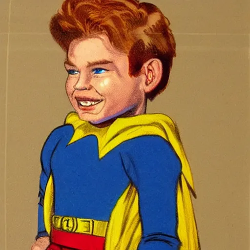 Prompt: a cute little boy with a mischievous face and ginger hair. he is dressed as a superhero. well composed, clean elegant painting, beautiful detailed face. comic book art by steve ditko and jack kirby