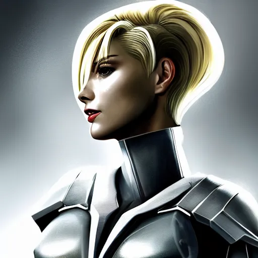 Image similar to A combination of Ada Wong's and Grace Kelly's and Ashley Greene's appearances with blonde hair wearing Spartan Vale's armor from Halo, high tech, action shot, angular, full body portrait, futuristic, dramatic, fantasy, intricate, elegant, highly detailed, digital painting, artstation, concept art, matte, sharp focus, illustration, 8K, art by Donato Giancola and James Gurney