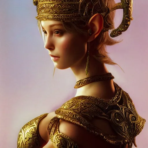 Prompt: a portrait of a young beautiful elven queen, fair complexion, rounded contours, positive canthal tilt, golden crown, intricate rococo ornamentation, ruby earings, piercings, WLOP, Craig Mullins