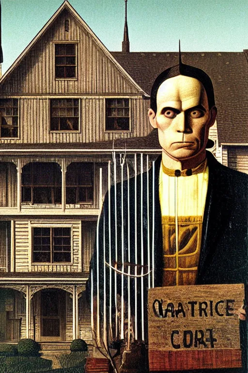 Image similar to american nightmare by grant wood, carpenter gothic