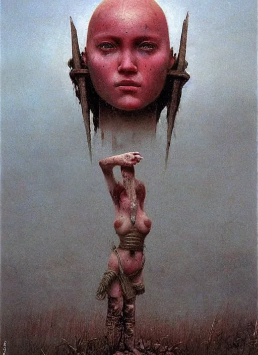 Image similar to bald barbarian teen girl by Beksinski