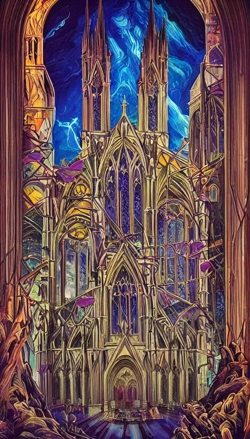 Image similar to The gothic cathedral of endless dreams, italian futurism, Dan Mumford, da vinci