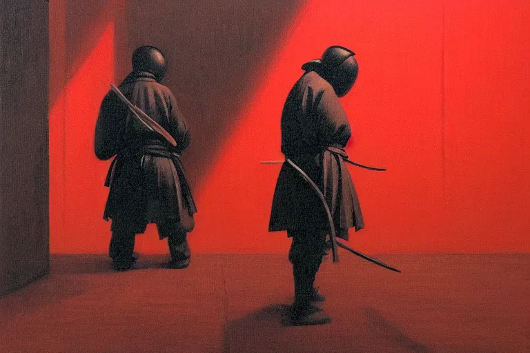 Image similar to only with red, a red samurai do seppuku, tokio, a lot of frogs watch, in the style of beksinski, parts by edward hopper, parts by rodcenko, parts by yue minjun, intricate and epic composition, red by caravaggio, insanely quality, highly detailed, masterpiece, red light, artstation, 4 k