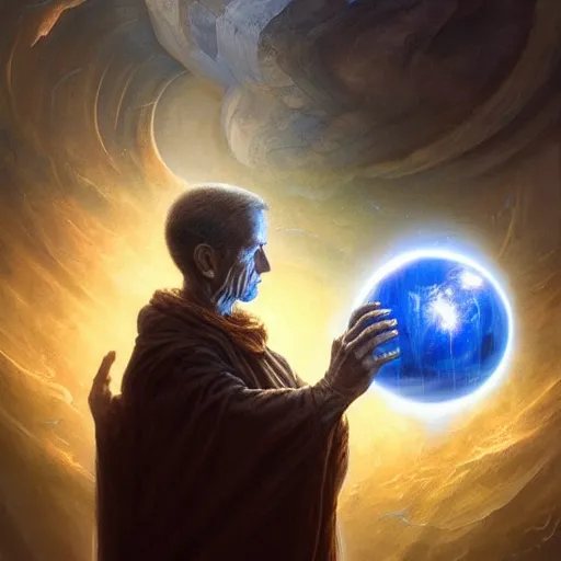 Image similar to the creator of worlds wearing a cloak and holding a holographic planet projection in his hand, detailed, sci - fi, digital painting, artstation, sharp focus, illustration, ominous, artgerm, tomasz alen kopera, peter mohrbacher, donato giancola, joseph christian leyendecker, wlop, frank frazetta