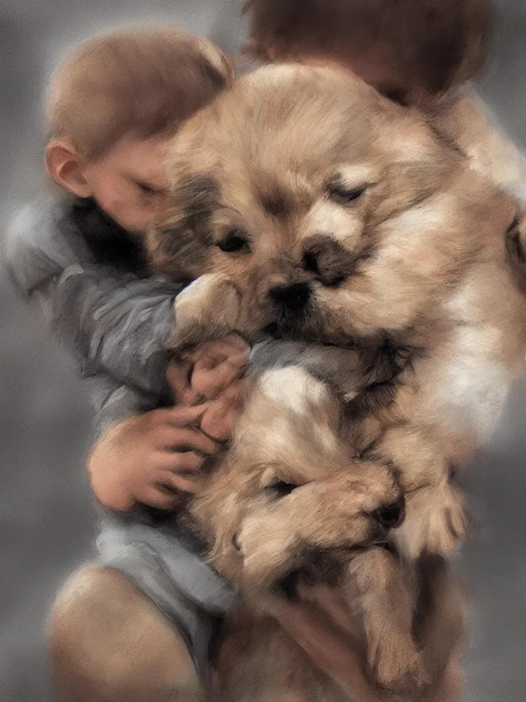 Image similar to boy hugging puppy by disney concept artists, blunt borders, rule of thirds