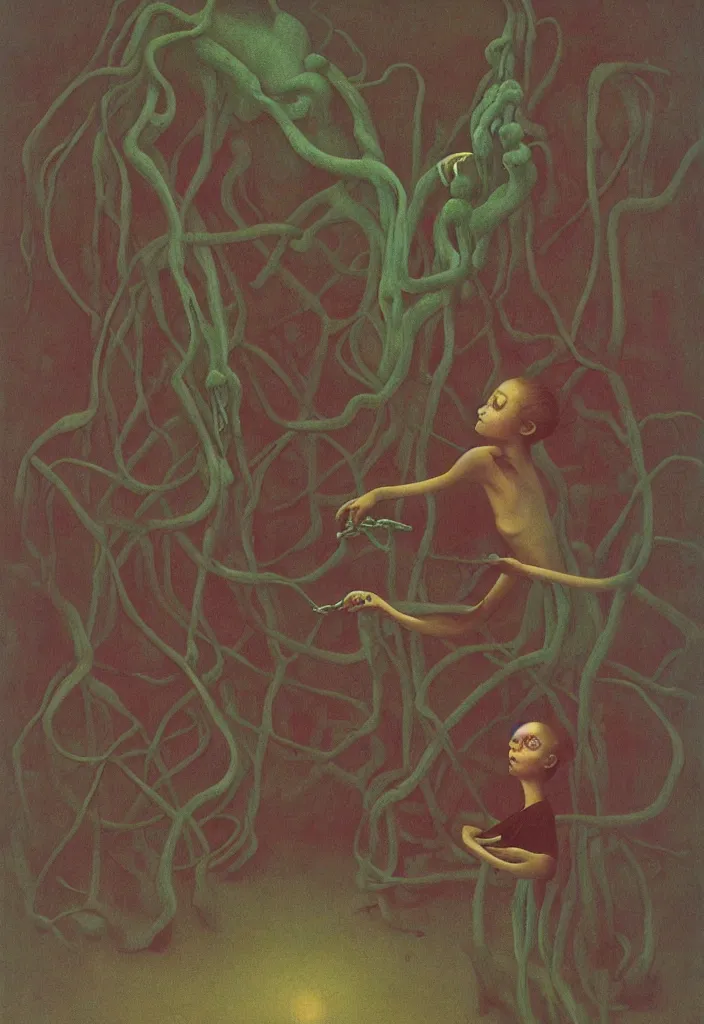 Image similar to She Eats of the Strangling Fruit and Her polyp blossoms bring iridescent fungal flowers whose spores black the foolish stars Edward Hopper and James Gilleard, Zdzislaw Beksinski, Mark Ryden, Wolfgang Lettl highly detailed