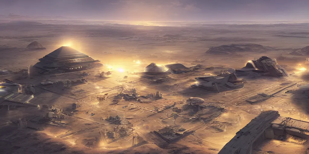 Image similar to a beautiful view of a spaceport at the pyramids, matte painting, cinematic lighting, hyper - detailed, 4 k, scifi