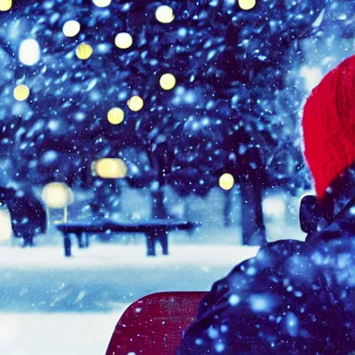 Prompt: close up front side view, man sitting on park bench on christmas eve smoking cigarette snowing snowy. cigarette glowing embers smoke volumetric c4d. harsh lighting, live action photo 1993 film. bokeh Christmas lights in the background