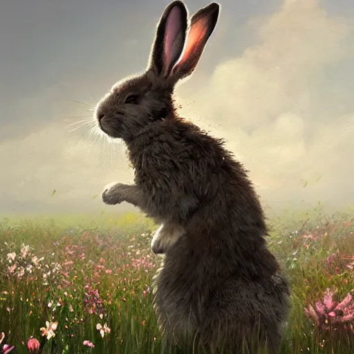 Image similar to A werebunny transforming in a field of flowers. Academic painting by Greg Rutkowski, Mobile still frame. 4K UHD