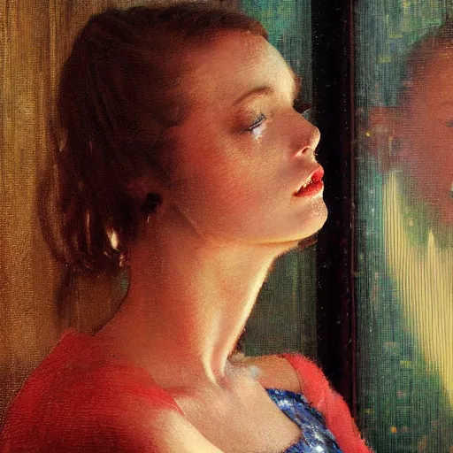 Image similar to detailed portrait of a woman, moment, cyberpunk cloisters, electronic billboards, tech noir, wet reflections, atmospheric, ambient, wlop, norman rockwell, alexis flower, hopper, livia prima, greg rutkowski, george tooker, gil elvgren, norman rockwell, alexis flower, hopper, mucha, whistler, norman rockwell, peter max,