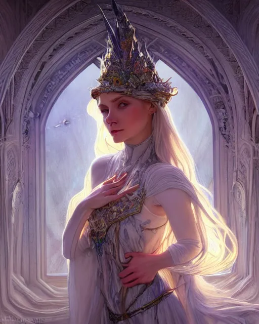 Prompt: realistic portrait of a beautiful white witch, bright witch, inside a castle, beautiful, beautiful face, fantasy, chaos, magic, dark magic, dramatic lighting, intricate, wild, highly detailed, digital painting, artstation, concept art, smooth, sharp focus, illustration, art by artgerm and greg rutkowski and alphonse mucha, footage from space camera