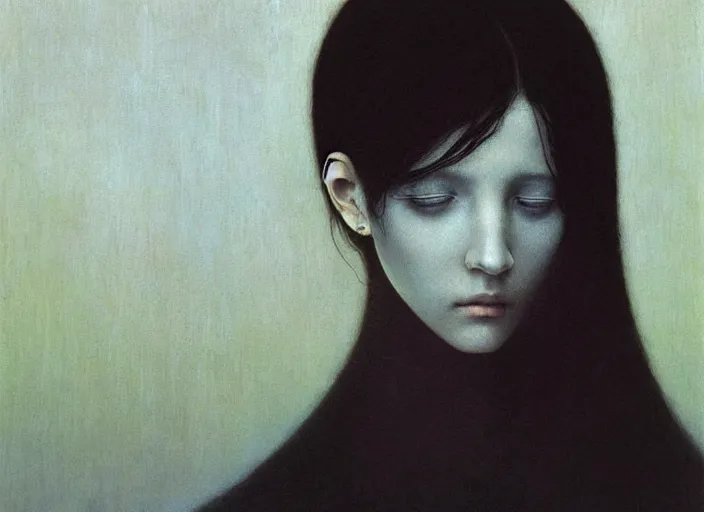 Image similar to portrait of young female with pale white skin and short black hairs, painting by Beksinski
