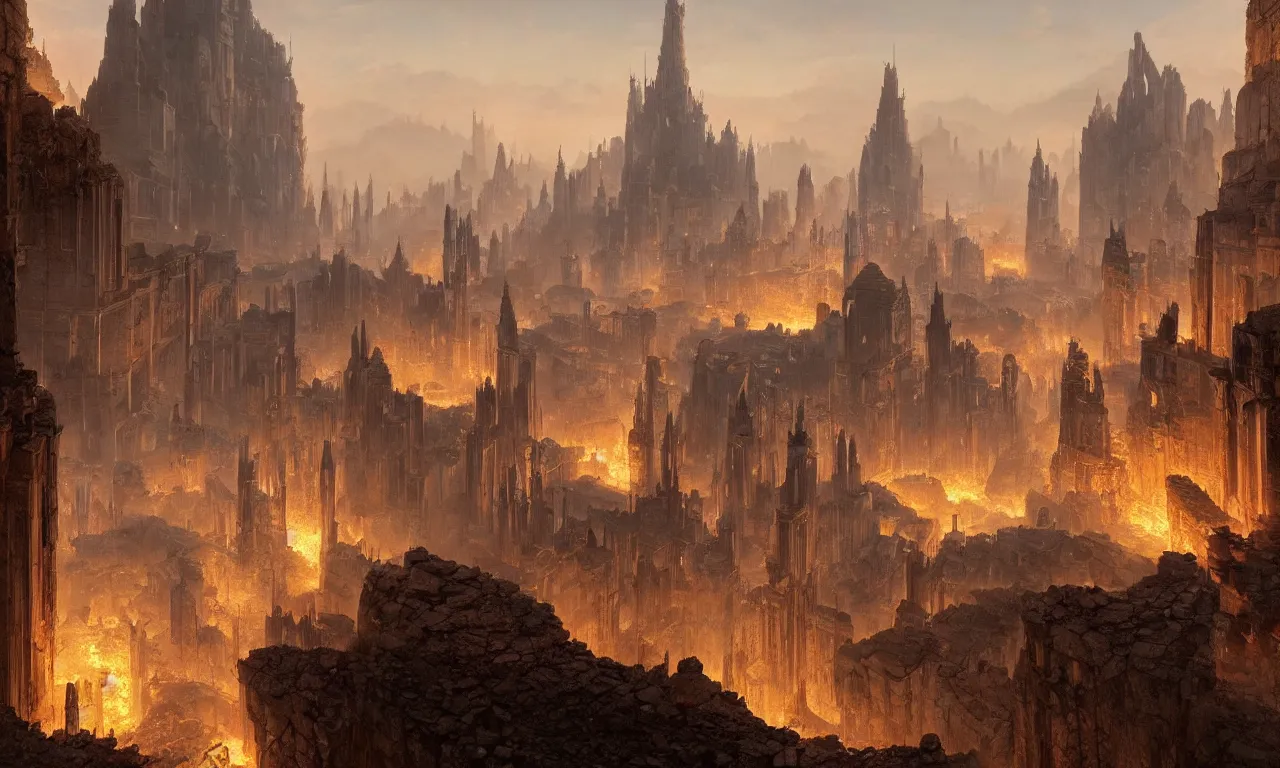 Prompt: glistering embers in the ashen remains of the capital city, artwork by Raphael Lacoste and Ted Nasmith, 8k resolution, trending on art station