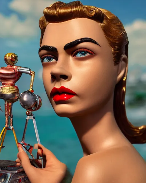 Image similar to highly detailed closeup, face profile portrait of a tin toy retro 1 9 5 0 s cara delevingne, bikini, depth of field, zeiss lens, fashion photoshoot by max fleischer, breathtaking, detailed and intricate environment, 8 k resolution, extremely detailed, beautiful, establishing shot, artistic, hyperrealistic, octane render