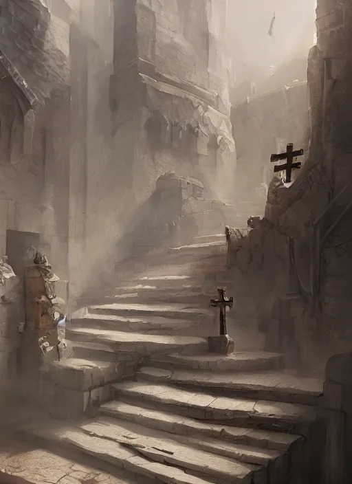 Image similar to painting of a stairway leading to two crosses, concept art by mathias kollros, cgsociety contest winner, fantasy art, concept art, matte drawing, matte painting