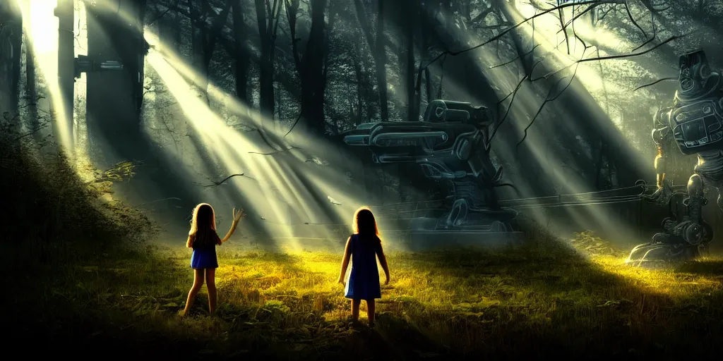 Image similar to sci - fi scene future new york, little girl holding a hand of a big robot, forest punk, crepuscular rays, epic scene, hyper realistic, photo realistic, overgrowth, cinematic atmosphere, ethereal lighting,