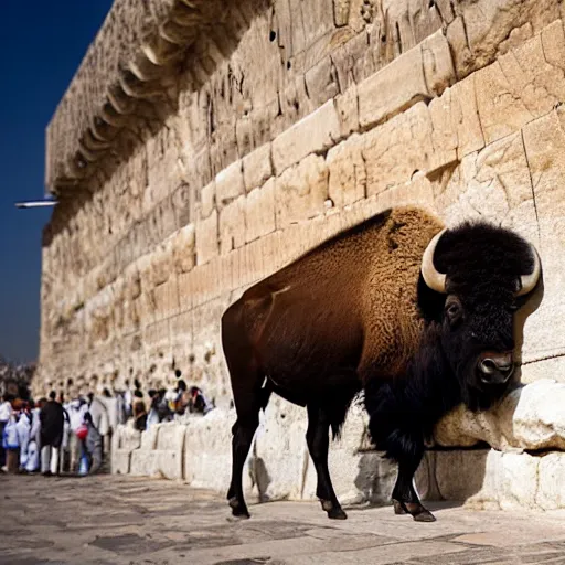 Image similar to photo of a bison, at the Wailing Wall in Jerusalem, religious people, crowds, 50mm, beautiful photo