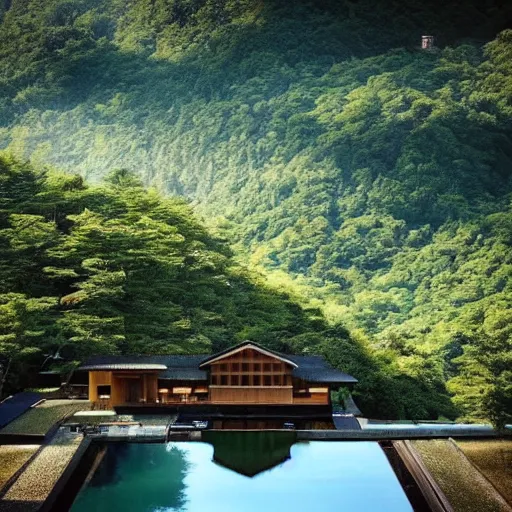 Prompt: “extravagant luxury mountain hotel, in hakone, by Tadao Ando and Kuma Kengo, modern rustic”