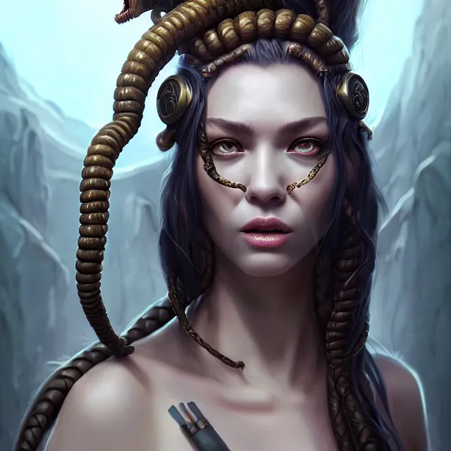 Prompt: epic professional digital portrait art of gorgon 👩‍💼😉,best on artstation, cgsociety, wlop, Behance, pixiv, astonishing, impressive, outstanding, epic, cinematic, stunning, gorgeous, concept artwork, much detail, much wow, masterpiece.