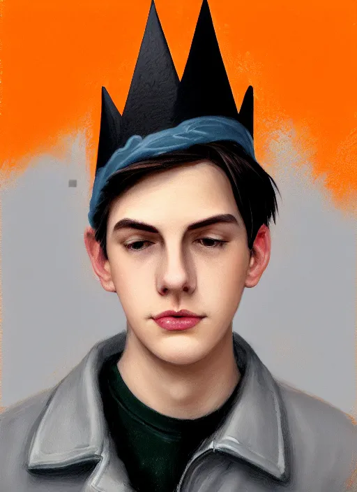 Image similar to portrait of teenage jughead jones wearing a light grey crown, crown, hamburger background, eyes closed, crown, black hair, orange, intricate, elegant, glowing lights, warm lighting, highly detailed, digital painting, artstation, concept art, smooth, sharp focus, illustration, art by wlop, mars ravelo and greg rutkowski