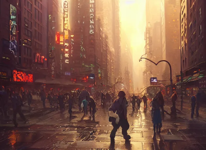 Image similar to chaos in the street of new york, unreal engine, fantasy art by greg, loish, rhads, ferdinand knab, tom bagshaw, makoto shinkai and lois van baarle, rossdraws, ilya kuvshinov, night lighting, trending on studio ghibli, highly detailed, 8 k, octane render