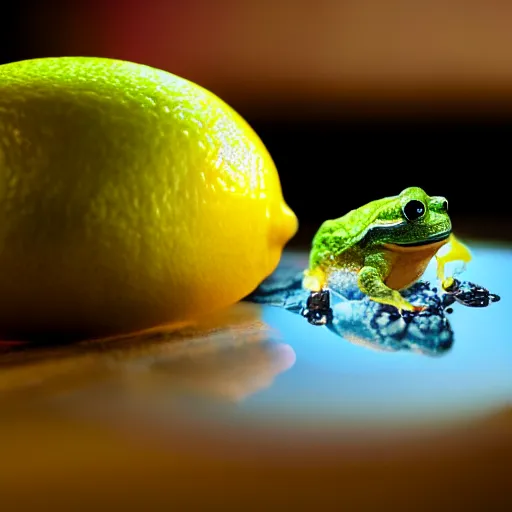 Prompt: photograph of a transparent lemon with a frog inside, cinematic lighting