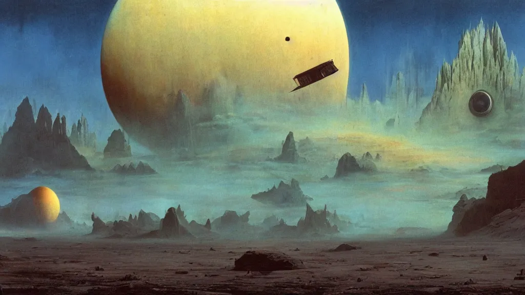 Image similar to otherworldly atmosphere and the first spaceship on venus by arthur haas and bruce pennington and john schoenherr, cinematic matte painting