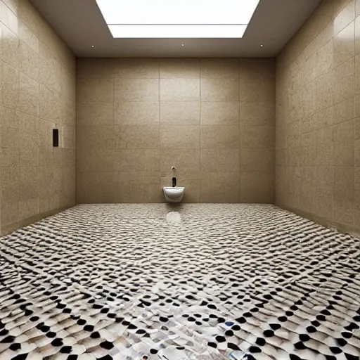 Prompt: Beatiful Photograph of infinite infinite, tiled tiled room with water water water on the floor