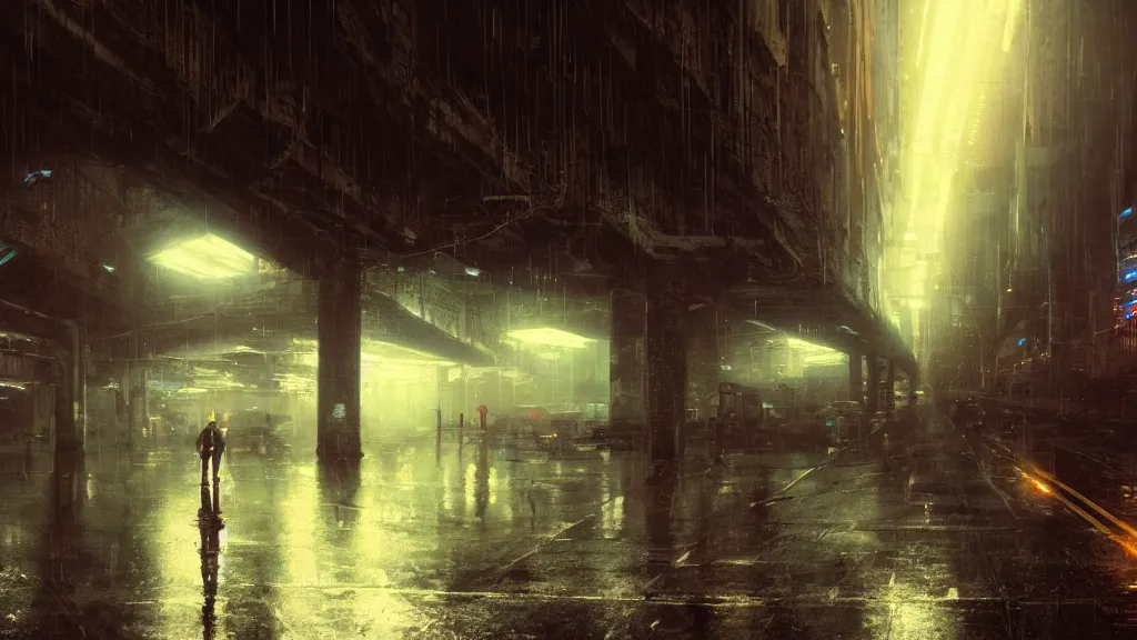 Image similar to under a city highway bridge of a cyberpunk city, rain, night, mist, flying shuttles, advertising pannels, blade runner, rays of light, james gurney, greg rutkowski, unreal engine, artstation