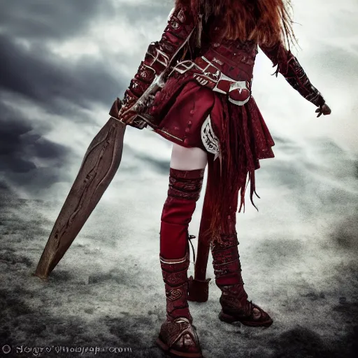 Image similar to north teenage girl, warrior, red hair, fantasy, high detailed, photography, cloudy, lightweight armor, Scandinavia, plain, Authentic