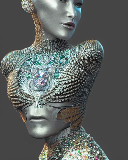 Image similar to a highly detailed metahuman 4 k close up render of an alien goddess bella hadid monument tiger in iris van herpen dress schiaparelli in diamonds crystals swarovski and jewelry iridescent in style of alphonse mucha gustav klimt trending on artstation made in unreal engine 4