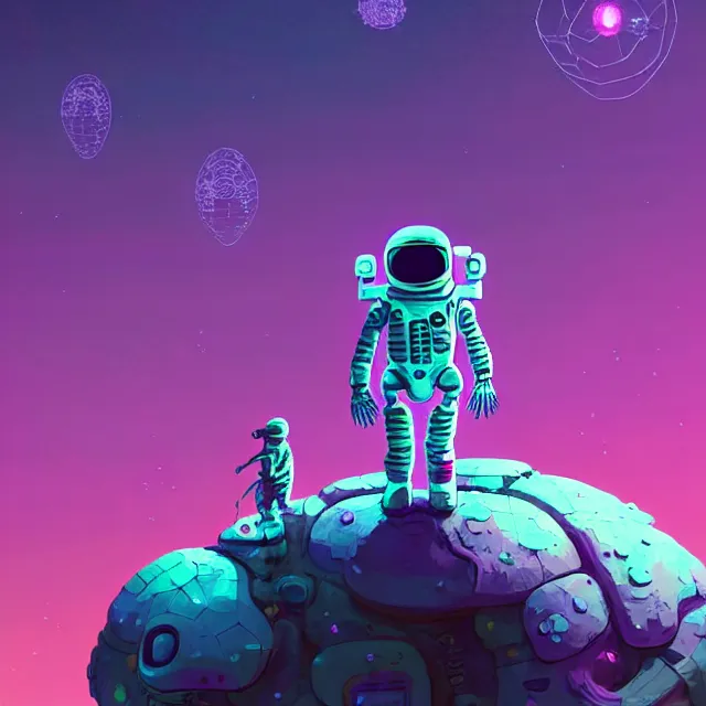 Image similar to a skeleton astronaut sitting on rock, surrounded by bio - luminescent, glowing peaceful serene sentient solarpunk, jungle. in the style of katamari damacy, scattered glowing pink fireflies, soft vaporwave liminal aesthetic. 3 d blender by tomer hanuka, greg rutkowski, beeple, sharp focus, digital painting, concept art