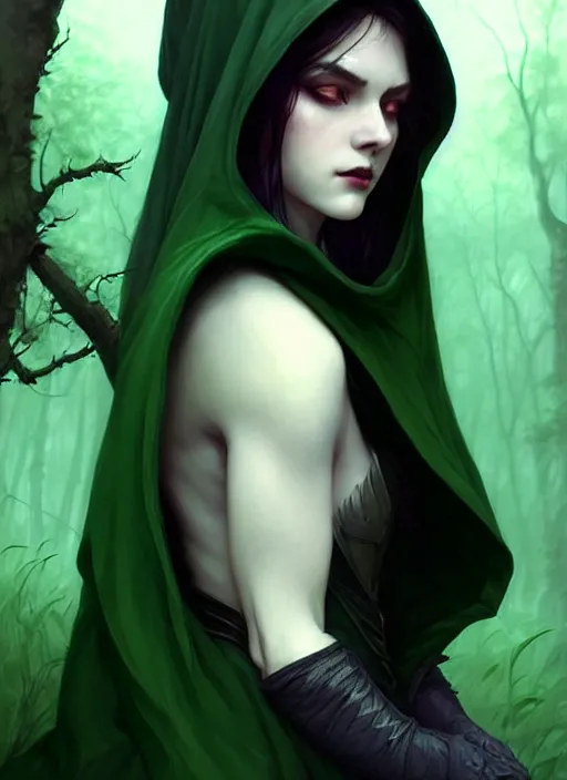 Prompt: side portrait dark witch with hood, adventurer outfit large cloak, fantasy forest landscape, moonshine, fantasy magic, undercut hairstyle, short green black fade hair, dark light night, intricate, elegant, sharp focus, illustration, highly detailed, digital painting, concept art, matte, art by WLOP and Artgerm and Greg Rutkowski and Alphonse Mucha, masterpiece