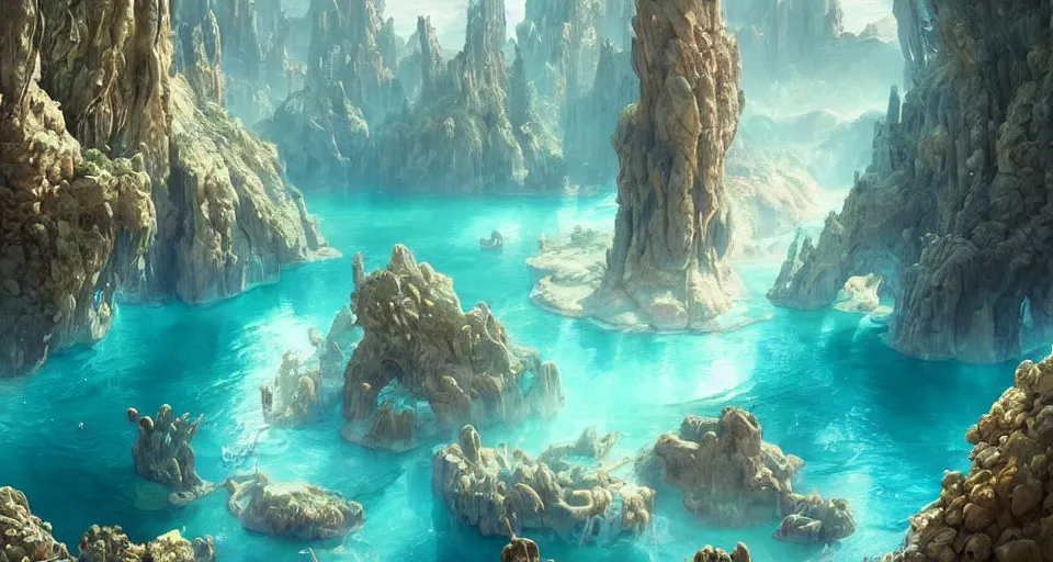 Image similar to a beautiful desert oasis!!!! with crystal clear water with a planet - sized humanoid monster!!!! looking down from the sky, by wlop and peter mohrbacher, extremely detailed shading, concept art, digital painting, trending on artstation, unreal engine 5, octane render, atmosphere, glow, cinematic lighting, full of color