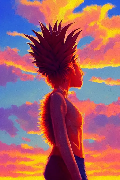 Image similar to closeup, giant pineapple head, girl in djungle, surreal photography, golden hour, colorful clouds, impressionist painting, digital painting, artstation, simon stalenhag
