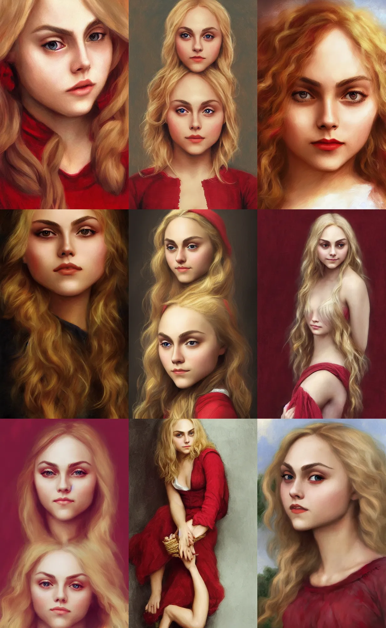 Prompt: portrait annasophia robb wearing red houpelande , long blond hair, hd artstation, bouguereau