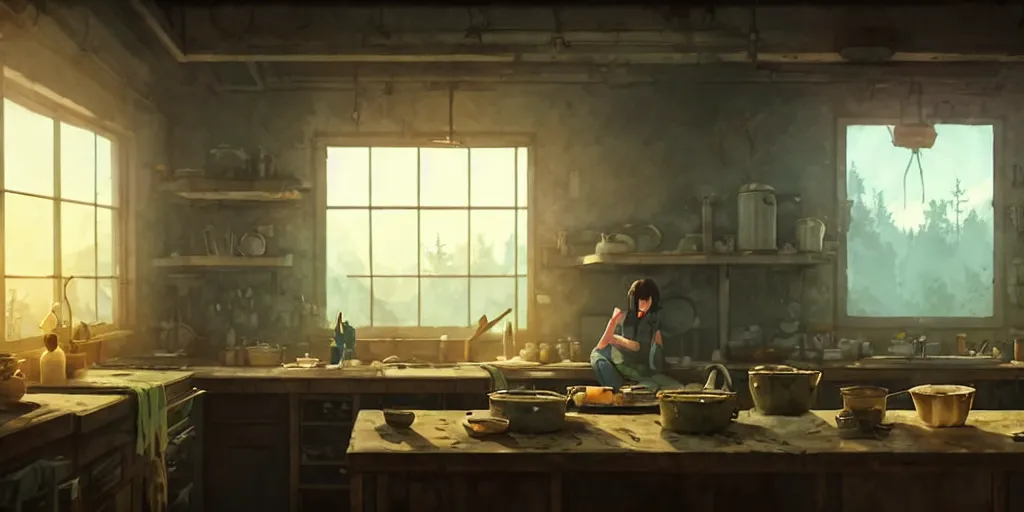 Prompt: a wholesome animation key shot of a post apocalyptic kitchen interior, covered by nature hipster vibes by studio ghibli, animation, sharp, rendered in unreal engine 5, focused, anime key art by greg rutkowski, bloom, dramatic lighting