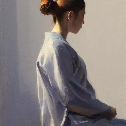 Image similar to girl with pony tail, in kimono, backview, sitting on edge of bed, by jeremy lipking, tim rees, joseph todorovitch, 8 k, sharp, detailed, high quality